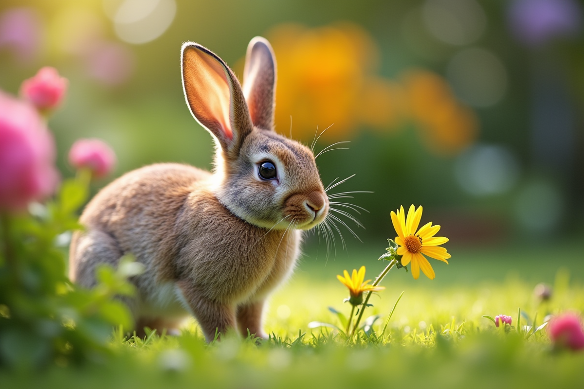 Lapin nain lopeared explorant un jardin coloré en plein jour