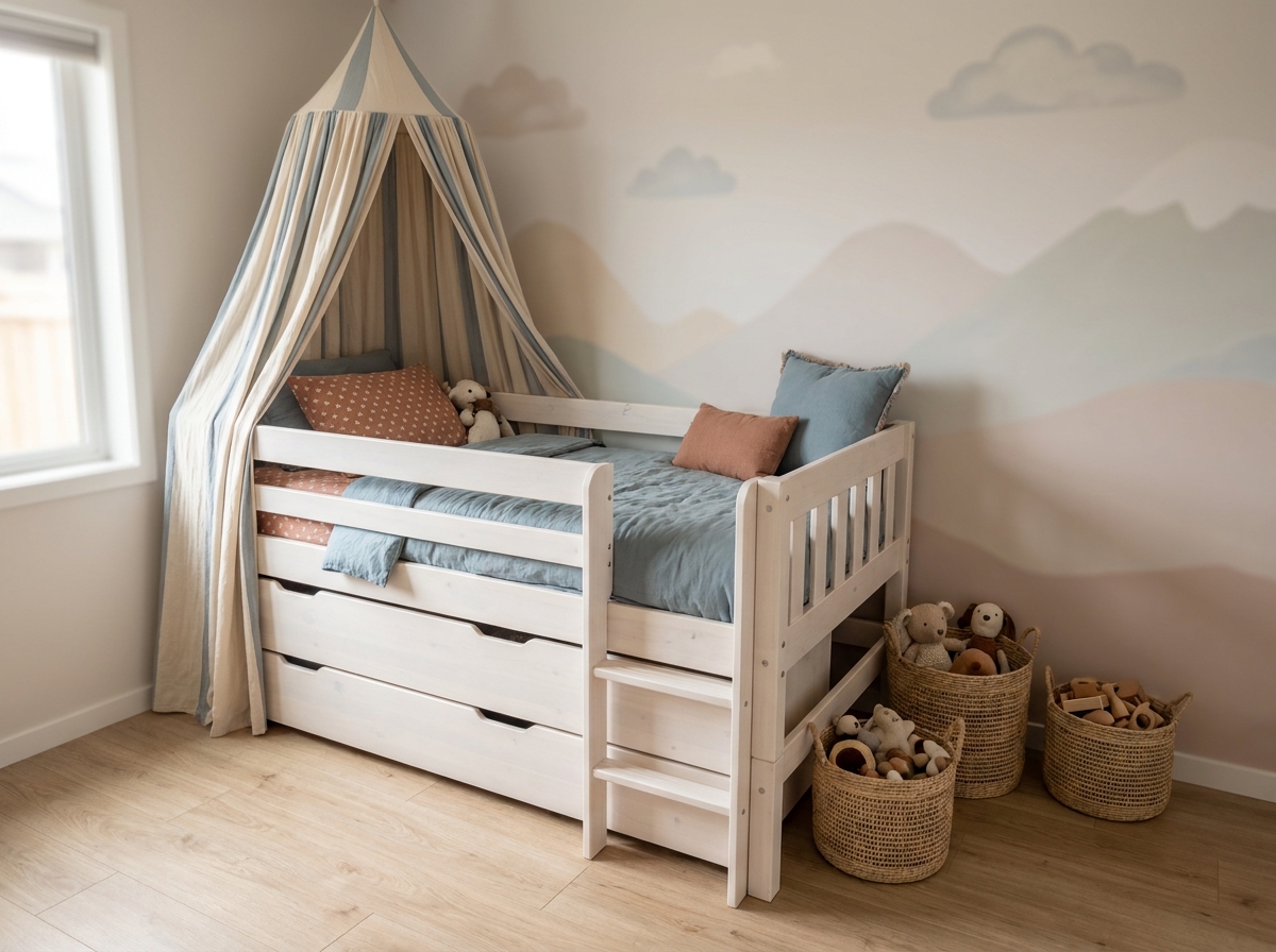Lit enfant Cabania mi-hauteur avec rangements intégrés et baldaquin dans une chambre fonctionnelle