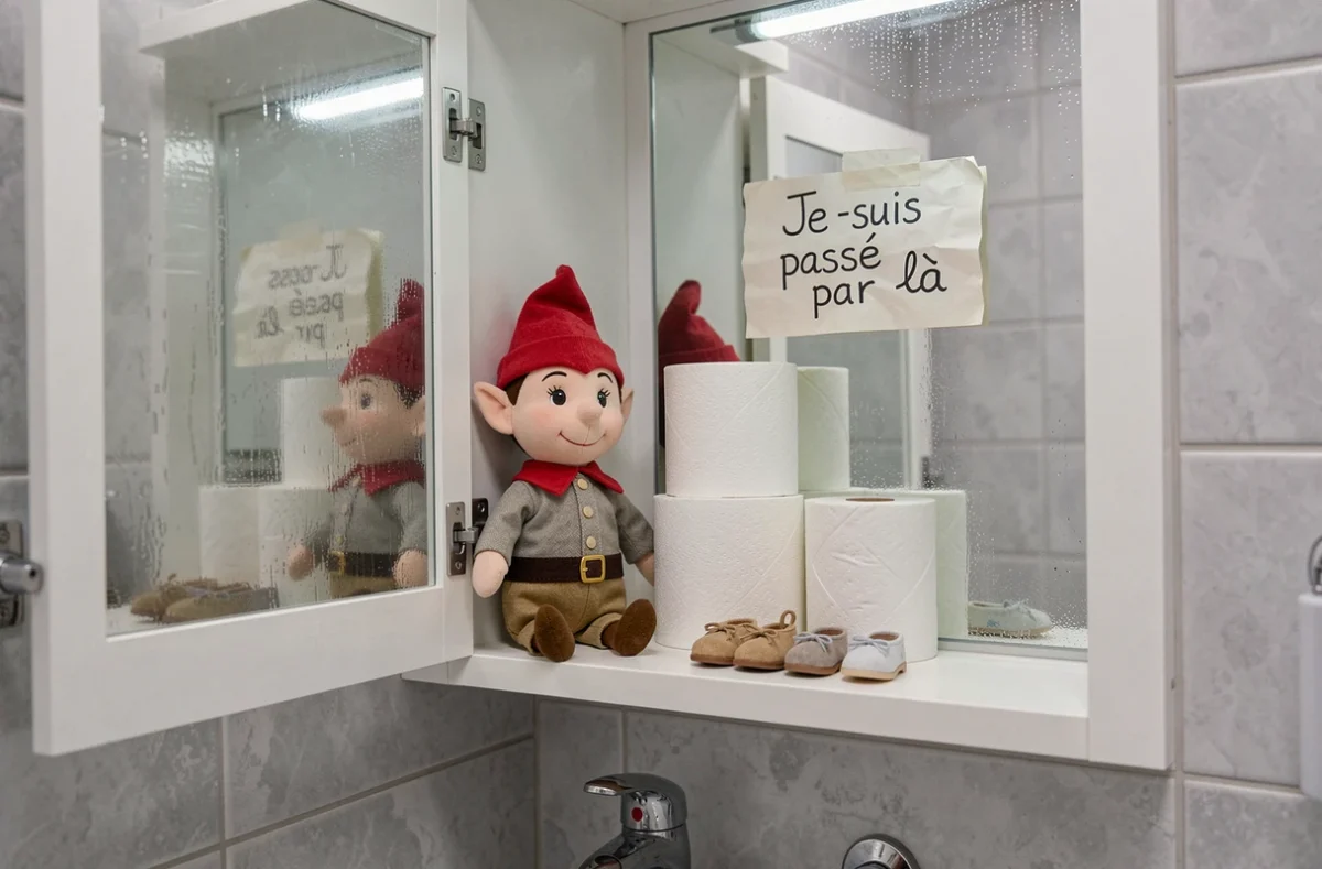 Lutin farceur en peluche installé dans une armoire de salle de bain avec une rangée de petits souliers et une pancarte manuscrite collée sur le miroir