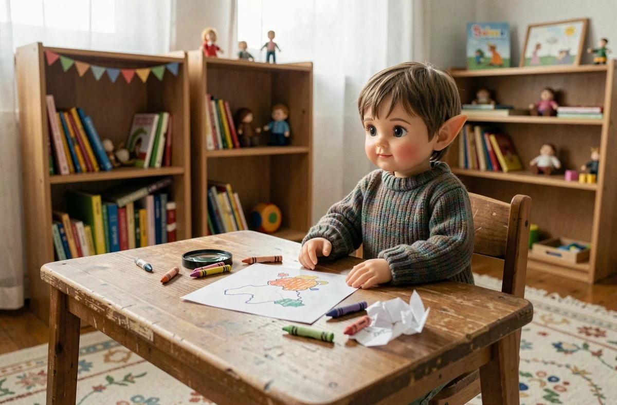 Lutin farceur assis à un bureau d'enfant entouré de dessins au crayon et d'une carte au trésor manuscrite dans une chambre colorée