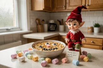 Lutin farceur en figurine décorative assis sur un comptoir de cuisine entouré de céréales arrangées en sourire et d'une petite note manuscrite