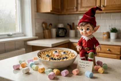 Lutin farceur en figurine décorative assis sur un comptoir de cuisine entouré de céréales arrangées en sourire et d'une petite note manuscrite