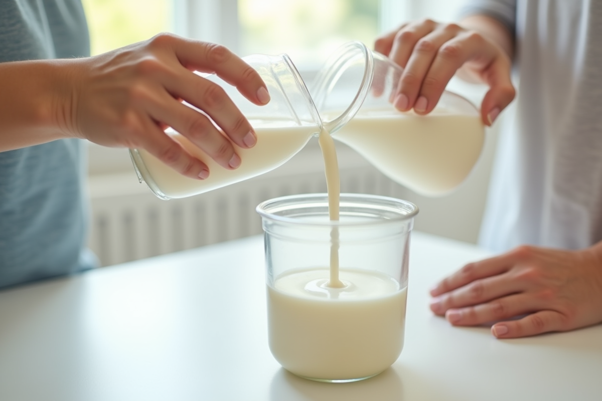 Mains versant du lait maternel dans un récipient propre sur un plan blanc