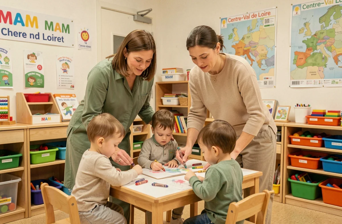 Assistantes maternelles en MAM dans le Cher et le Loiret supervisant une activité de dessin aux crayons avec de jeunes enfants