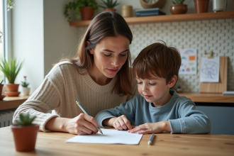 Femme aidant son enfant avec ses devoirs à la maison