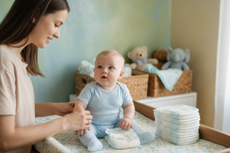 Maman changeant son bébé dans une nurserie chaleureuse