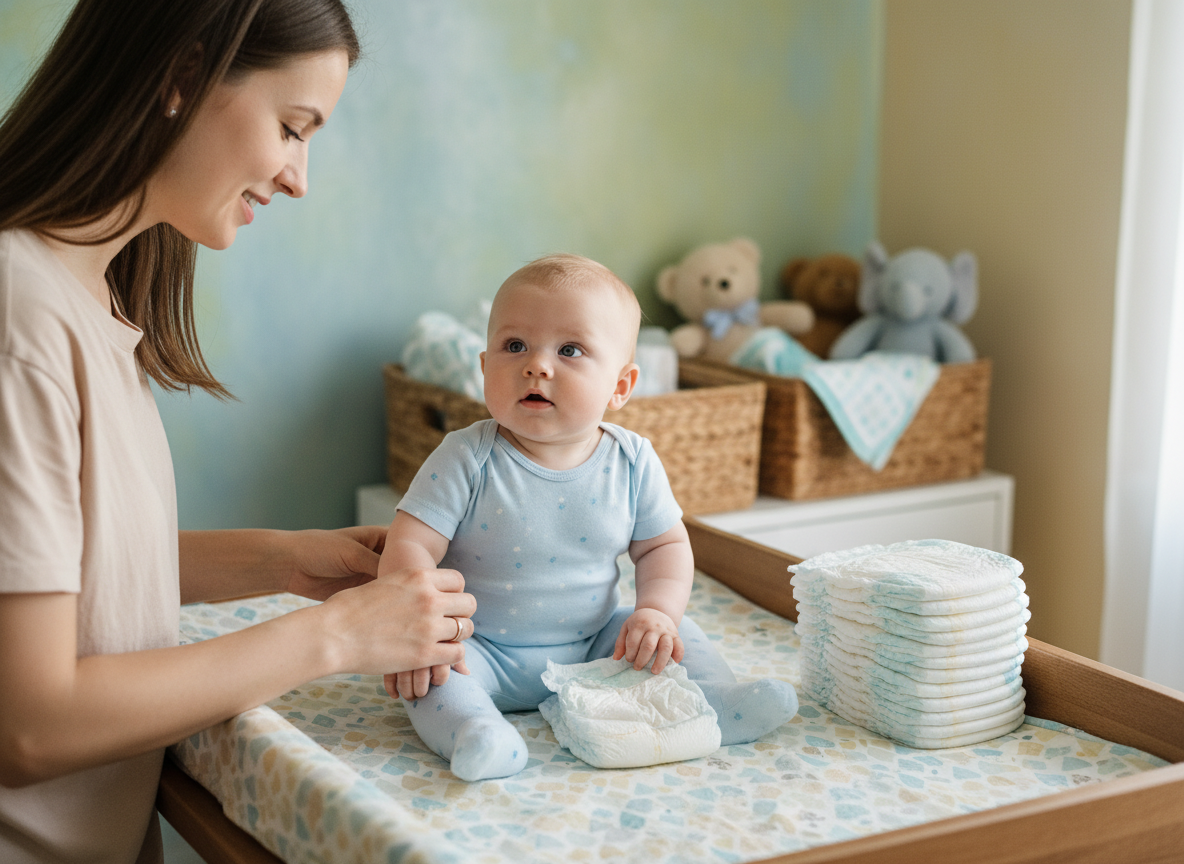 Maman changeant son bébé dans une nurserie chaleureuse