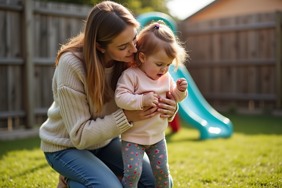 Mère tenant sa fille en pleine crise dans le jardin