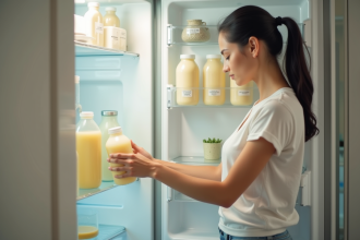 Jeune maman rangeant des biberons de lait maternel dans un frigo lumineux