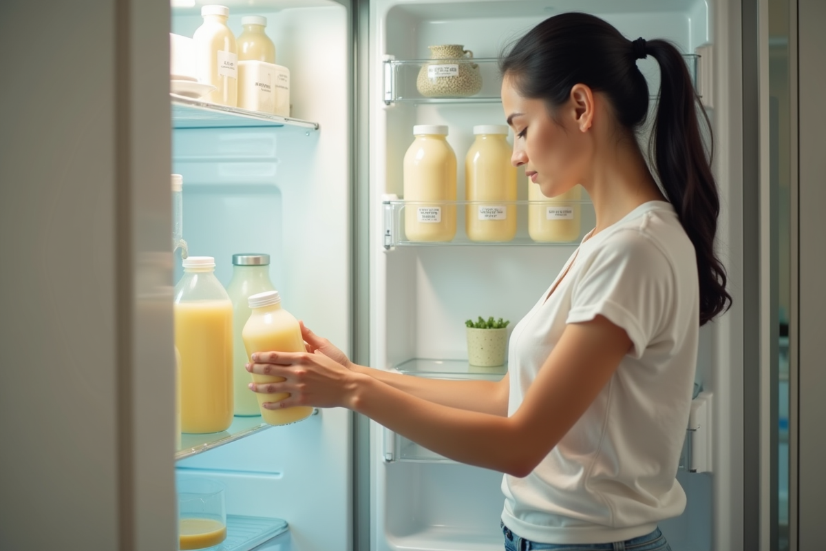 Jeune maman rangeant des biberons de lait maternel dans un frigo lumineux