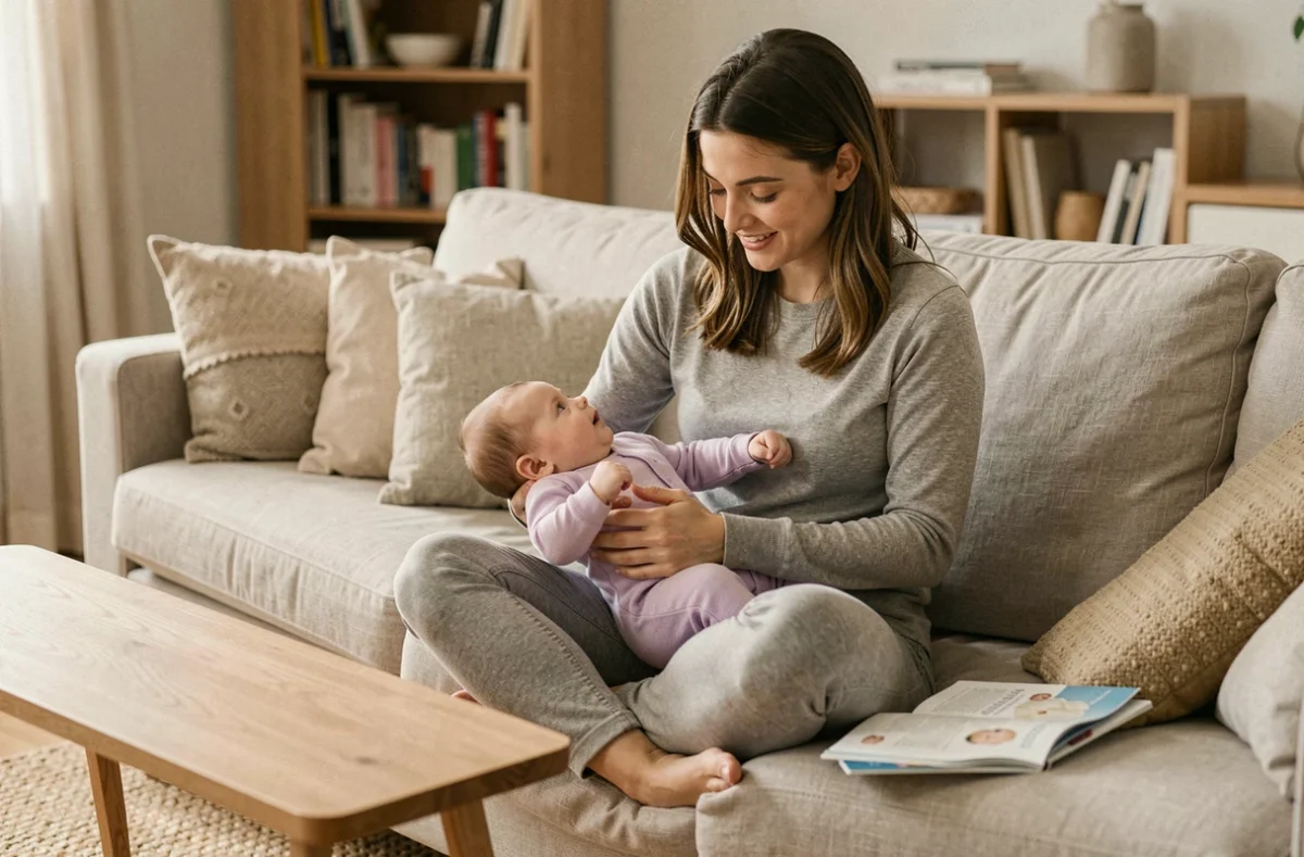Maman consultant le carnet de santé de sa bébé de 3 mois pour vérifier son poids et sa courbe de croissance à la maison