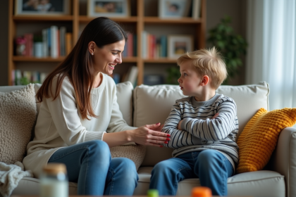 Mère fatiguée avec son fils frustré à la maison