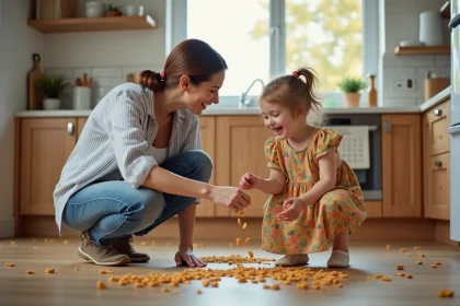 Maman et fille rient en nettoyant des céréales dans la cuisine