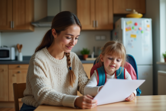 Maman lisant un document avec sa fille à la maison
