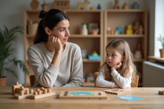 Maman pensif avec sa fille lors d'une activité Montessori