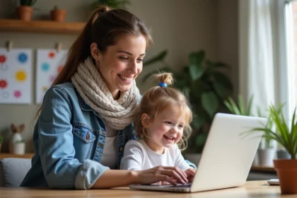 Maman souriante avec sa fille regardant l'ordinateur à la maison