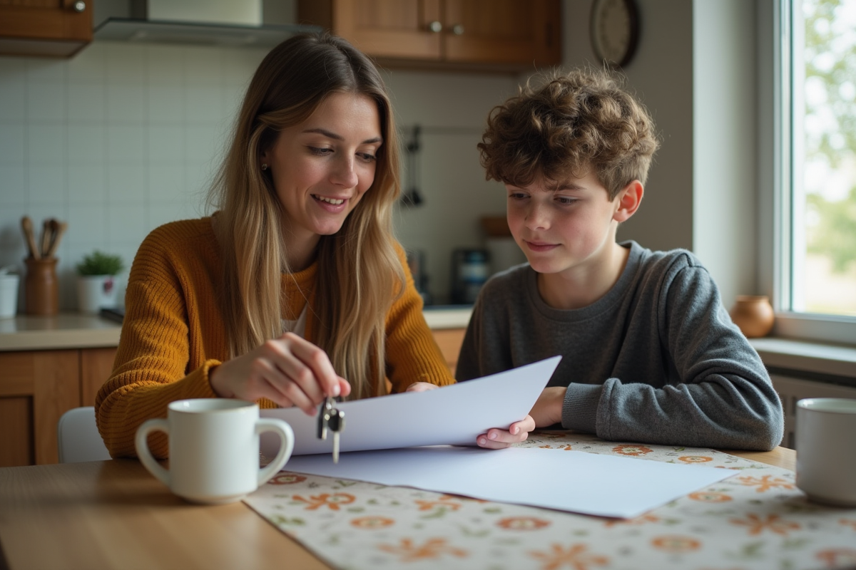 Mère et fils discutant autour de papiers et clés dans la cuisine