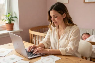 Jeune maman créant un faire-part de naissance gratuit en ligne sur son ordinateur portable à la maison