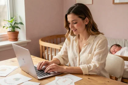 Jeune maman créant un faire-part de naissance gratuit en ligne sur son ordinateur portable à la maison