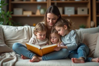 Maman fatiguée lisant avec ses enfants dans le salon