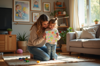 Maman et fille souriantes dans un salon chaleureux
