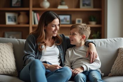 Mère et fils discutant dans un salon chaleureux