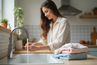 Jeune maman lavant ses mains avec vêtements de bébé à côté