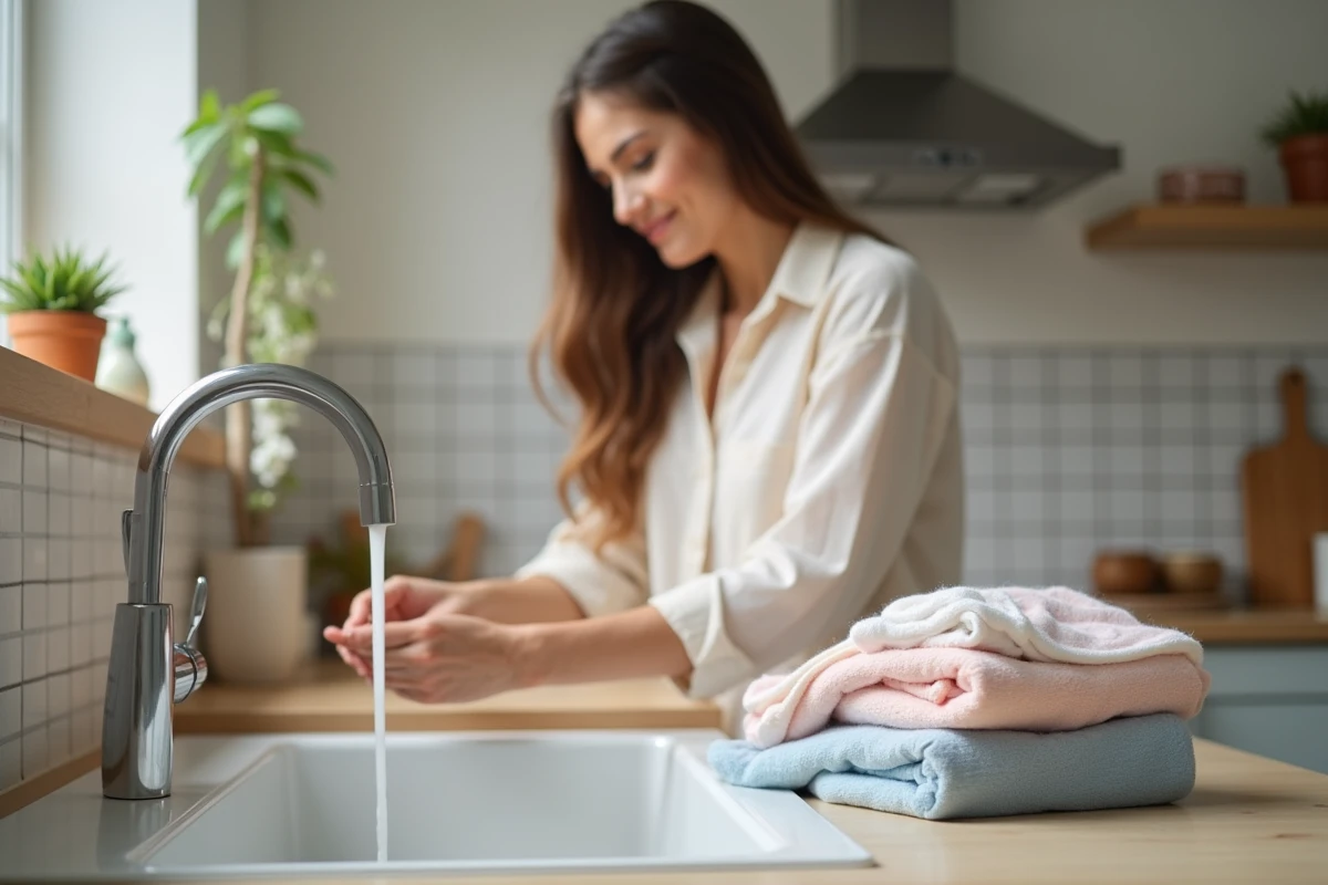 Jeune maman lavant ses mains avec vêtements de bébé à côté
