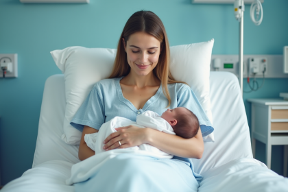 Femme avec son bébé dans une chambre de maternité moderne