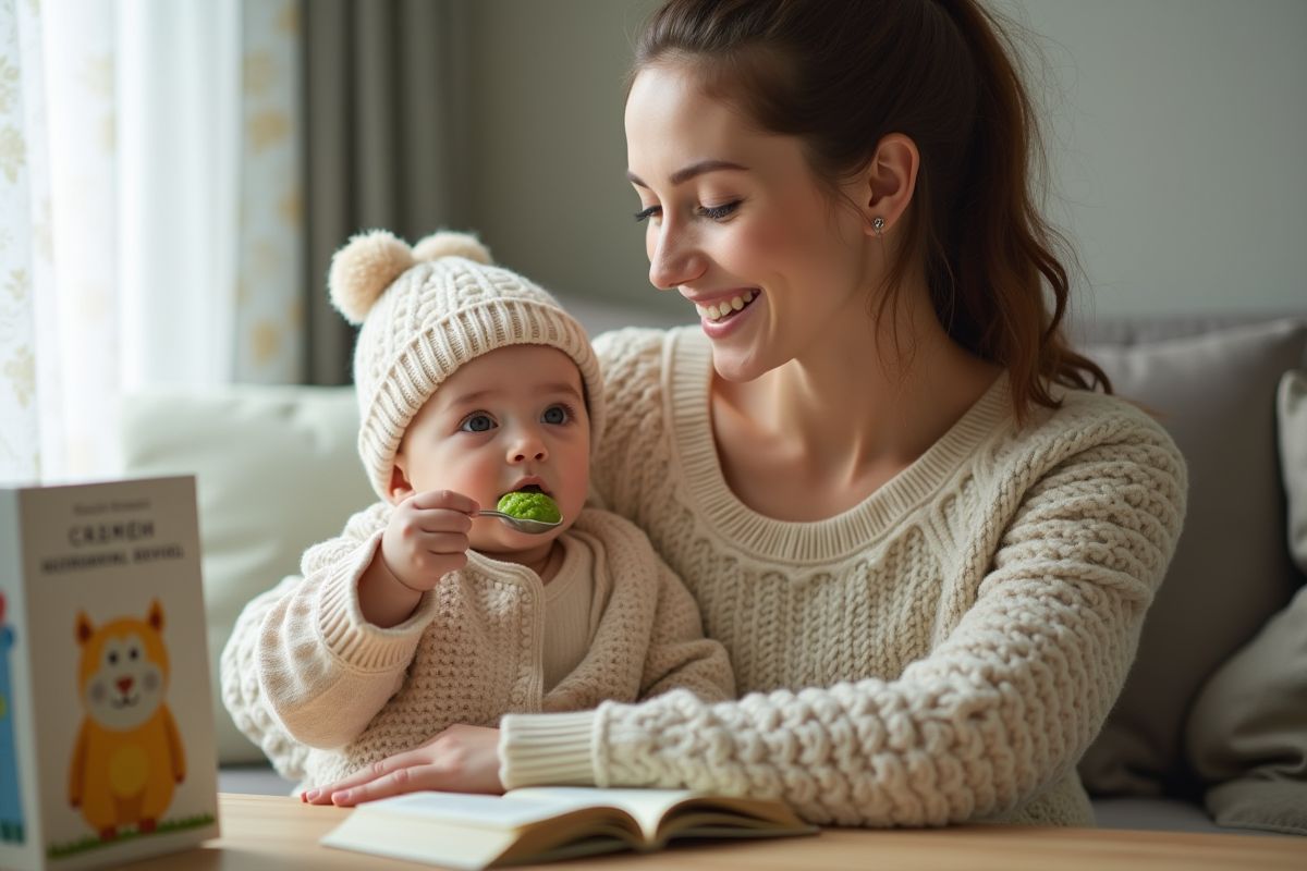Maman nourrissant bébé avec cuillère de purée