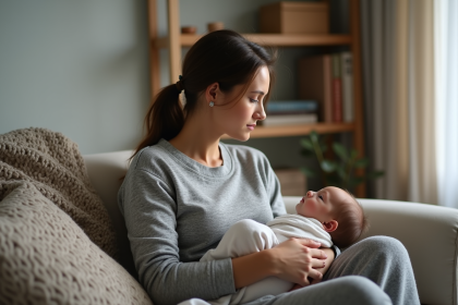 Jeune maman fatiguée avec bébé sur le sofa