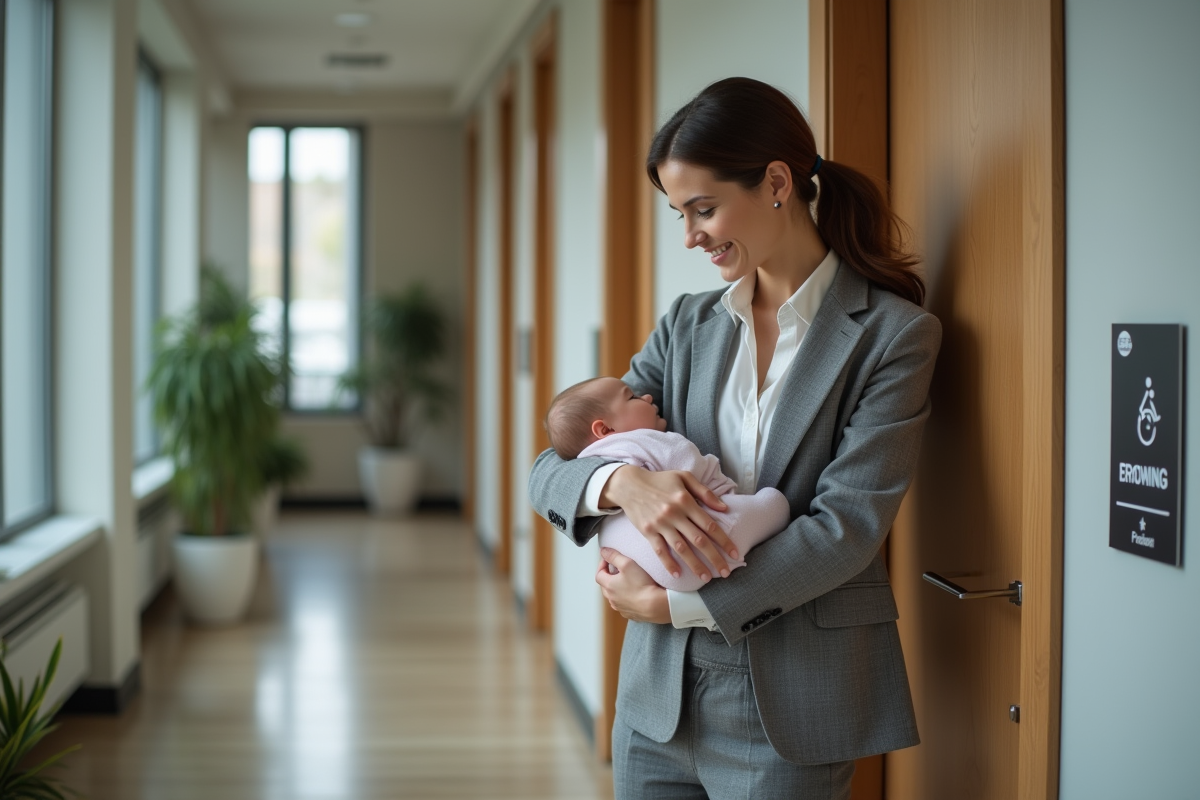 Jeune maman allaitant dans espace de travail