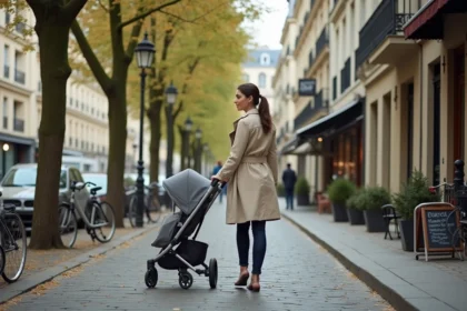 Mère promenant son bébé en poussette dans un quartier calme de Paris avec façades haussmanniennes