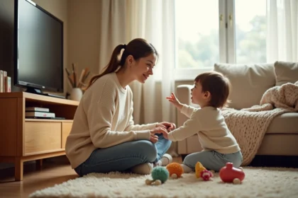 Maman et tout-petit regardant ensemble un film Disney doux sur la télévision dans un salon cosy et chaleureux