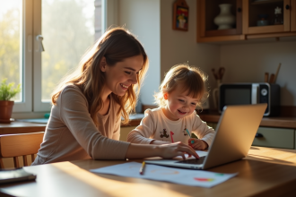 Maman souriante travaillant sur un ordinateur à la maison avec son enfant dessinant