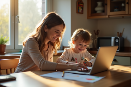 Maman souriante travaillant sur un ordinateur à la maison avec son enfant dessinant