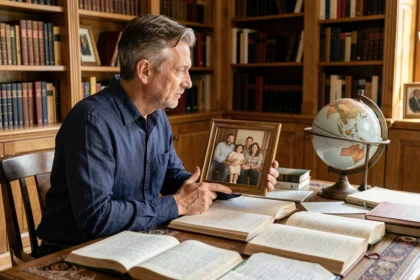 Homme cultivé assis dans une bibliothèque familiale tenant une photographie de famille, évoquant l'héritage intellectuel et les valeurs transmises de génération en génération