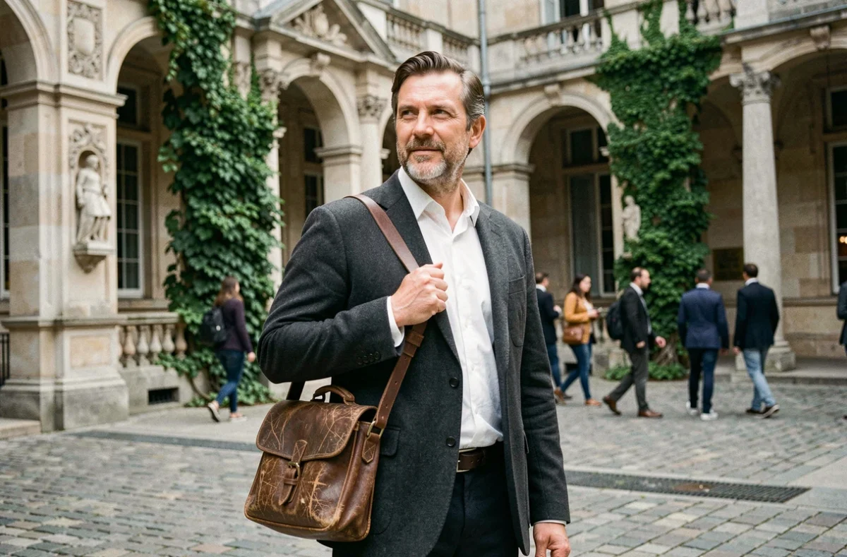 Homme intellectuel devant une université parisienne historique tenant un cartable en cuir, symbolisant l'origine académique et les valeurs transmises par les parents