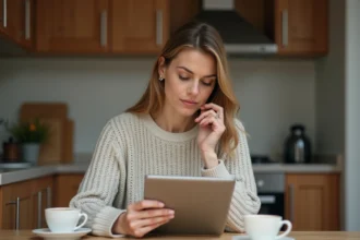 Mère consultant des avis de parents sur une application scolaire depuis sa cuisine