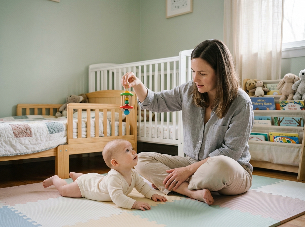 Mère jouant avec son bébé sur un tapis de jeu dans une chambre partagée avec lit de bambin et mobilier en bois naturel
