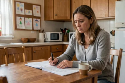 Mère en situation difficile consultant des documents juridiques à la table familiale, illustrant les enjeux de la garde d'enfant et du trouble bipolaire