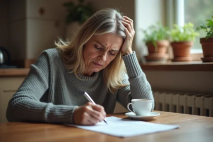 Une mère d'âge mûr assise seule à une table en bois, tenant un stylo au-dessus d'une feuille blanche, l'air songeur et ému, illustrant la difficulté d'écrire à un fils adulte qui ne veut plus communiquer