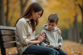 Mère assise sur un banc de parc avec son fils en bas âge, illustrant l'impact émotionnel sur les enfants d'un couple illégitime
