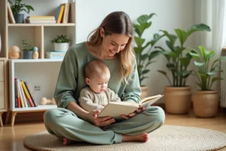 Mère lisant une histoire à son tout-petit dans un salon minimaliste style scandinave, illustrant une expérience en mesevnie positive