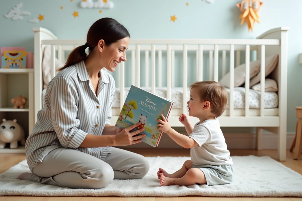 Mère lisant un livre illustré Disney à son tout-petit dans une chambre d'enfant aux tons pastels apaisants
