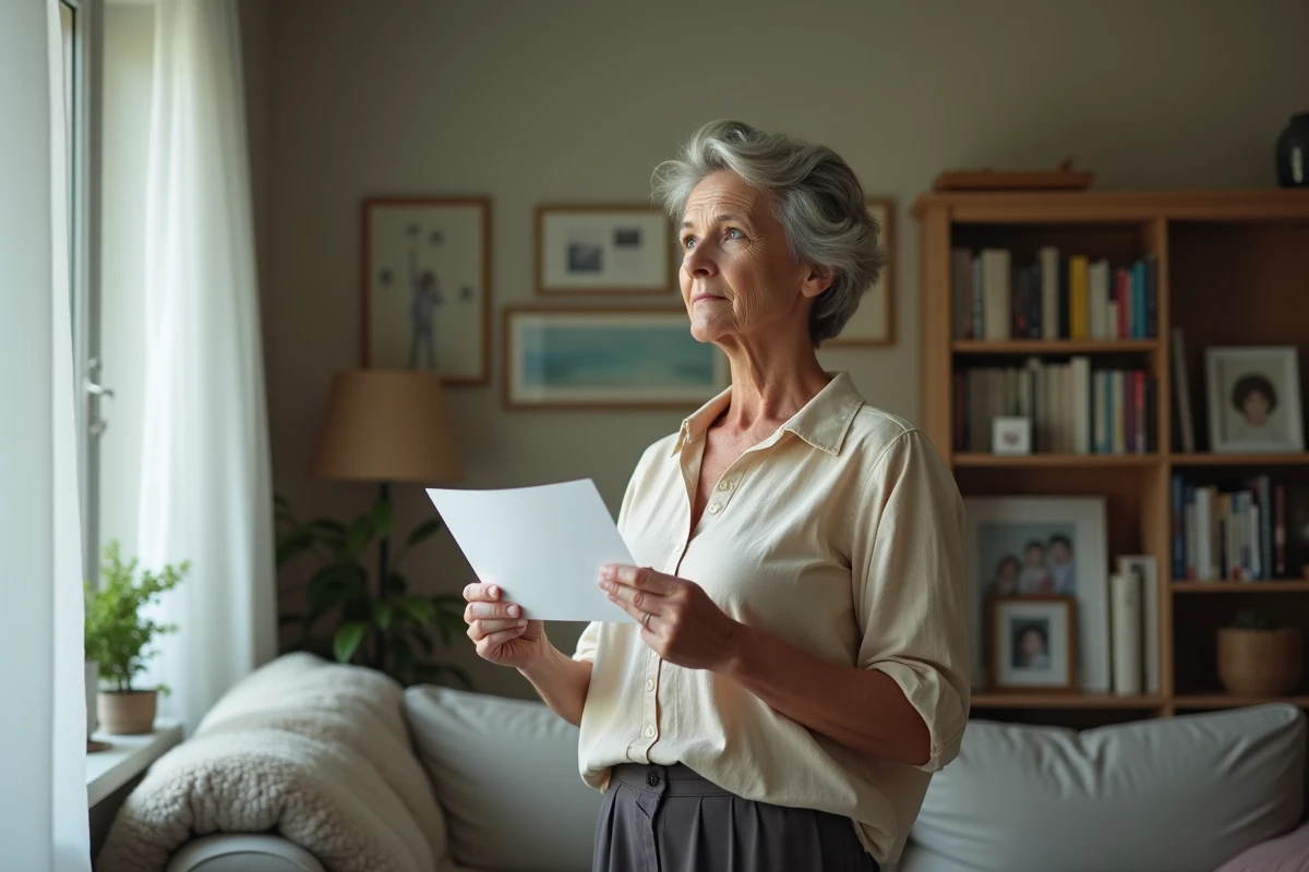 Une femme d'une cinquantaine d'années debout près d'une fenêtre, tenant une lettre pliée dans les mains et regardant au loin, illustrant l'espoir et la tristesse d'une mère cherchant à renouer avec son fils adulte