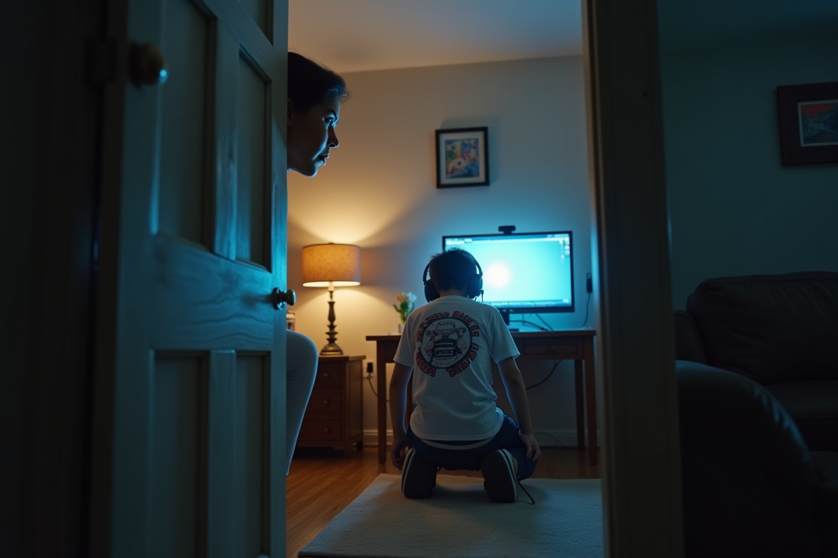 Mère inquiète observant son fils sur son ordinateur dans le salon