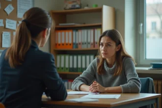 Mère inquiète en réunion avec une enseignante pour discuter de l'orientation scolaire de son fils en ULIS