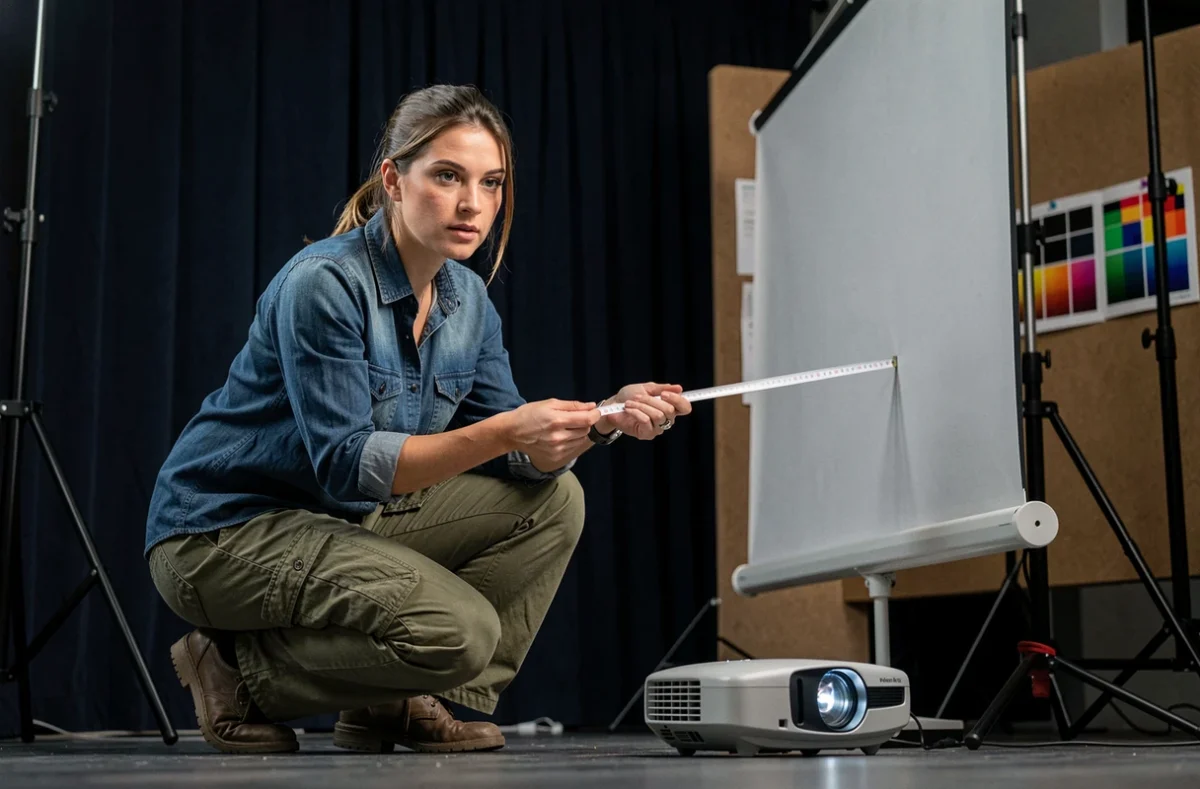 Photographe mesurant la distance de projection d'un projecteur grand angle dans un studio photo sombre avec écran portable