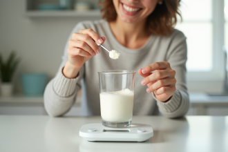 Maman mesure 120g de lait en poudre dans un verre